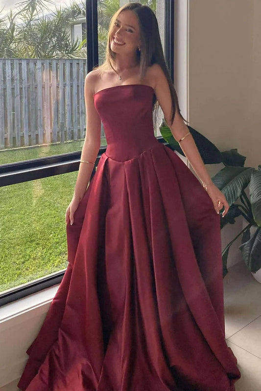 Elegant Strapless Straight Neckline Fitted Corset Bodice Voluminous Pleated Satin A Line Evening Dress With Train For Formal Evening Prom Wedding Guest Bridesmaid Gala
