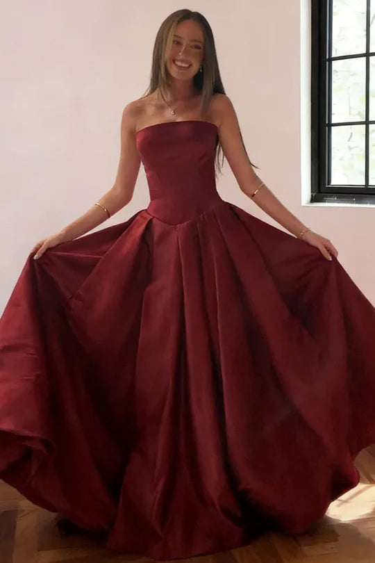 Elegant Strapless Straight Neckline Fitted Corset Bodice Voluminous Pleated Satin A Line Evening Dress With Train For Formal Evening Prom Wedding Guest Bridesmaid Gala