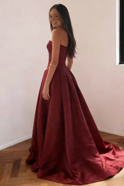 Elegant Strapless Straight Neckline Fitted Corset Bodice Voluminous Pleated Satin A Line Evening Dress With Train For Formal Evening Prom Wedding Guest Bridesmaid Gala