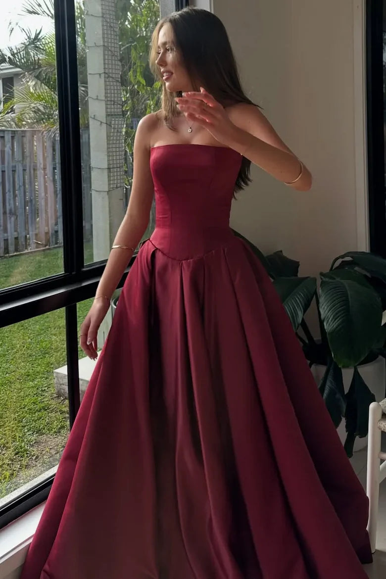 Elegant Strapless Straight Neckline Fitted Corset Bodice Voluminous Pleated Satin A Line Evening Dress With Train For Formal Evening Prom Wedding Guest Bridesmaid Gala