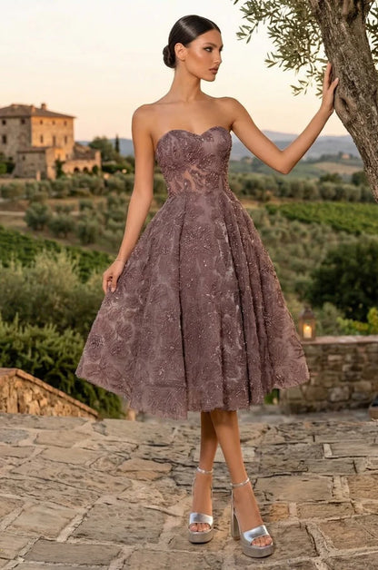 Elegant Strapless Sweetheart Neck Beaded Floral Lace A Line Midi Prom Dress For Formal Evening Gala Wedding Guest Bridesmaid