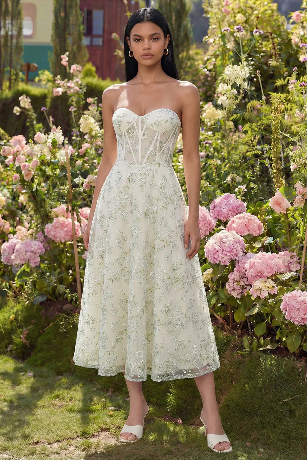 Elegant Strapless Sweetheart Neck Corset Bodice Floral Embroidered Tulle Midi Prom Dress