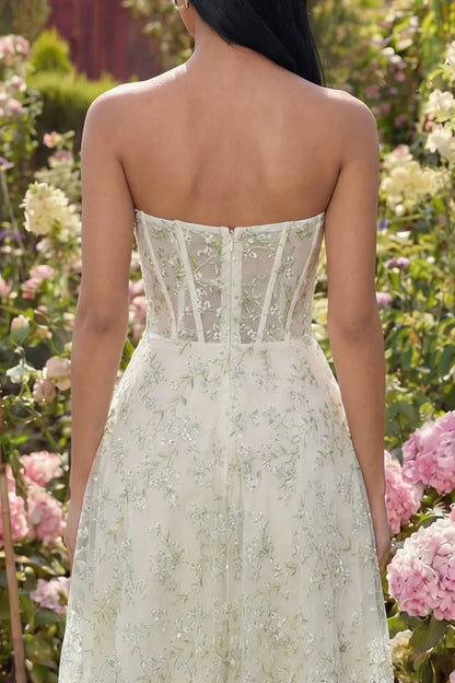 Elegant Strapless Sweetheart Neck Corset Bodice Floral Embroidered Tulle Midi Prom Dress