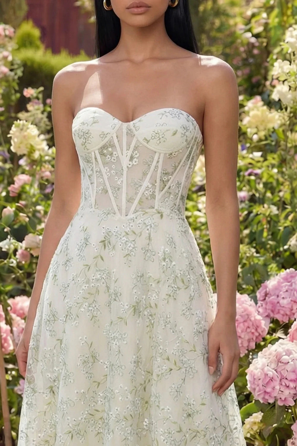 Elegant Strapless Sweetheart Neck Corset Bodice Floral Embroidered Tulle Midi Prom Dress