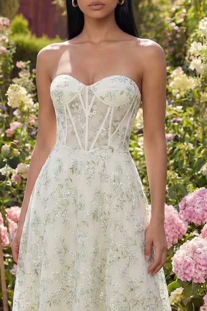 Elegant Strapless Sweetheart Neck Corset Bodice Floral Embroidered Tulle Midi Prom Dress