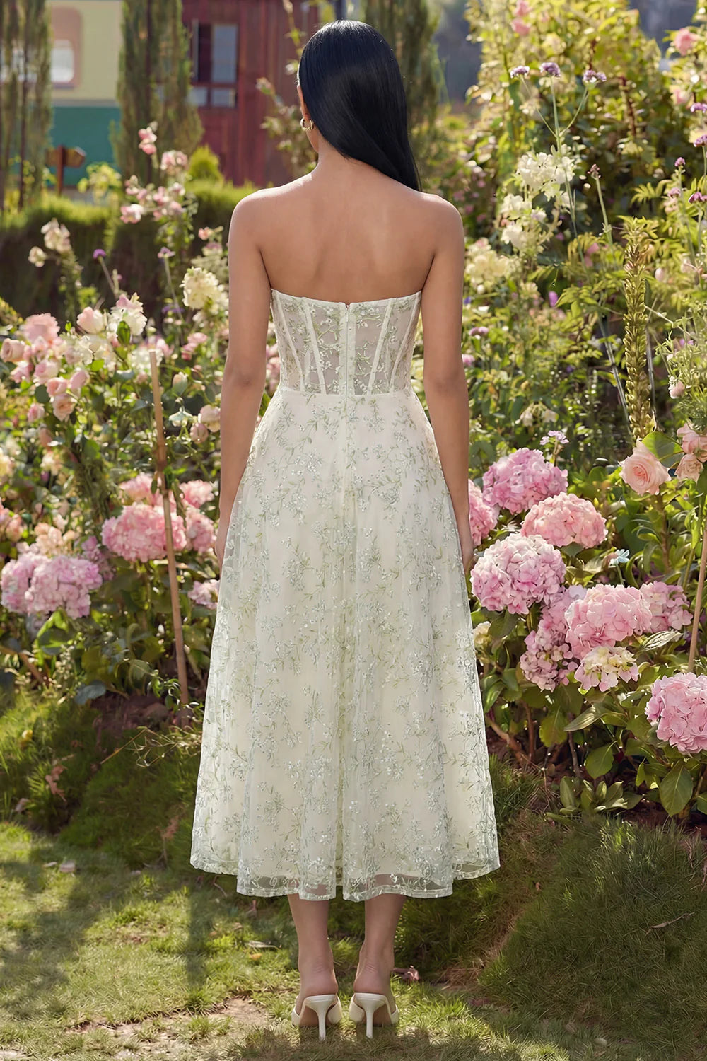 Elegant Strapless Sweetheart Neck Corset Bodice Floral Embroidered Tulle Midi Prom Dress