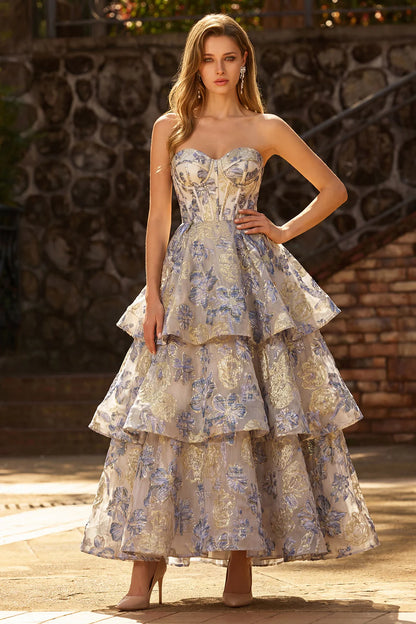 Elegant Strapless Sweetheart Neck Corset Bodice Floral Print Tiered Ruffle Maxi Prom Dress