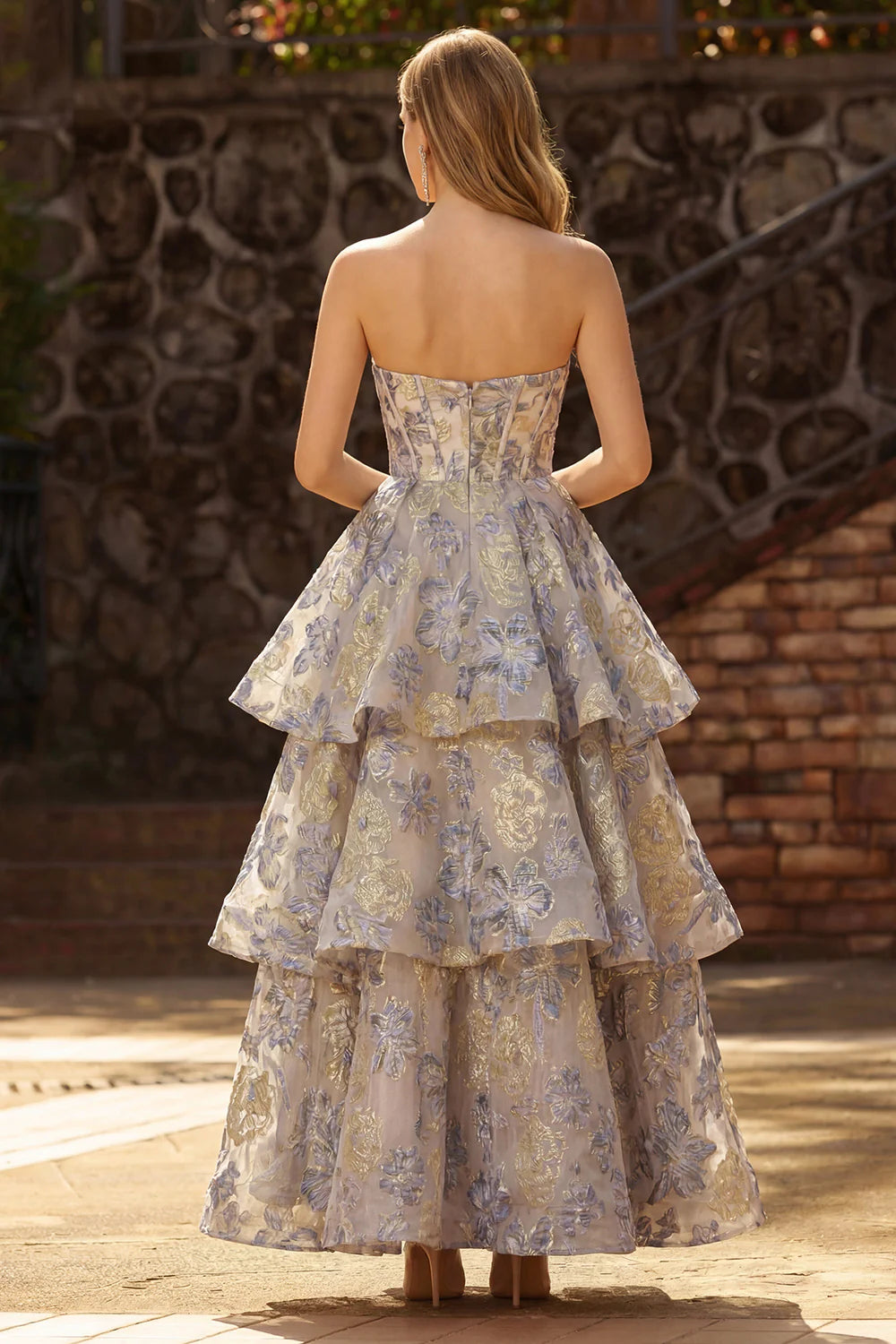 Elegant Strapless Sweetheart Neck Corset Bodice Floral Print Tiered Ruffle Maxi Prom Dress