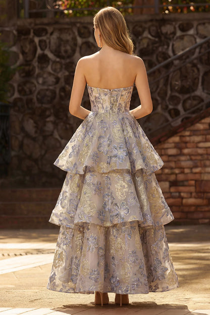 Elegant Strapless Sweetheart Neck Corset Bodice Floral Print Tiered Ruffle Maxi Prom Dress