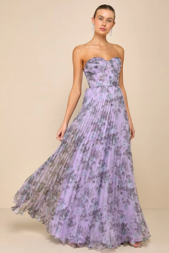 Elegant Strapless Sweetheart Neck Floral Print Pleated Lace Up Back Maxi Prom Dress For Formal Evening Gala Wedding Guest Bridesmaid