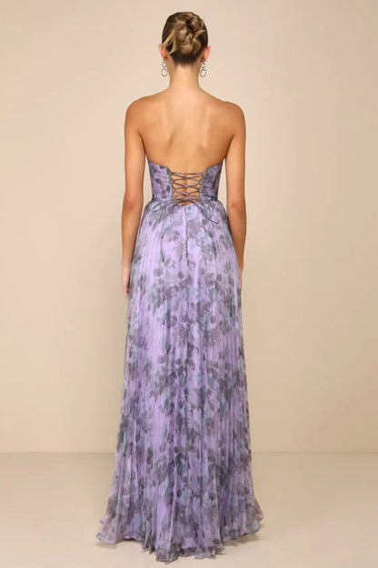 Elegant Strapless Sweetheart Neck Floral Print Pleated Lace Up Back Maxi Prom Dress For Formal Evening Gala Wedding Guest Bridesmaid