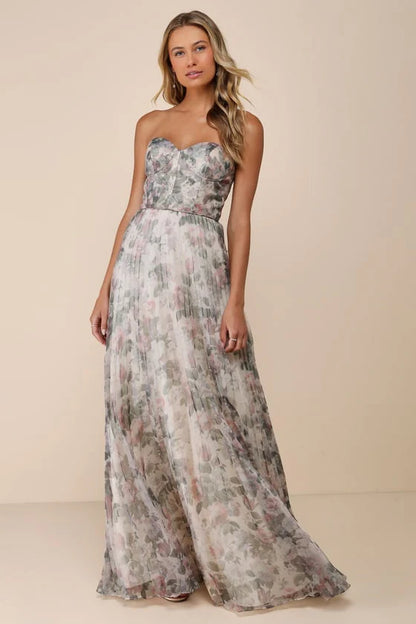 Elegant Strapless Sweetheart Neck Floral Print Pleated Maxi Prom Dress For Formal Evening Gala Wedding Guest Bridesmaid