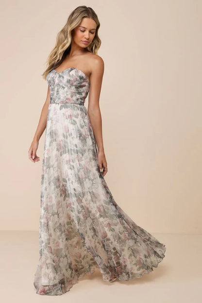 Elegant Strapless Sweetheart Neck Floral Print Pleated Maxi Prom Dress For Formal Evening Gala Wedding Guest Bridesmaid