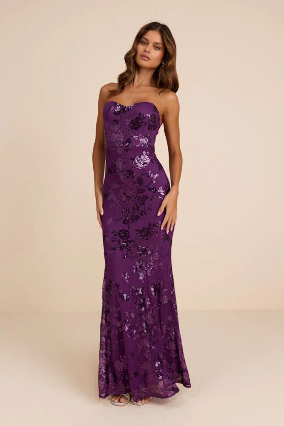 Elegant Strapless Sweetheart Neck Mesh Panel Floral Sequin Embellished Bodycon Mermaid Maxi Prom Dress For Formal Evening Gala Wedding Guest