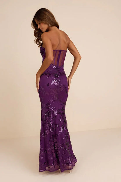 Elegant Strapless Sweetheart Neck Mesh Panel Floral Sequin Embellished Bodycon Mermaid Maxi Prom Dress For Formal Evening Gala Wedding Guest