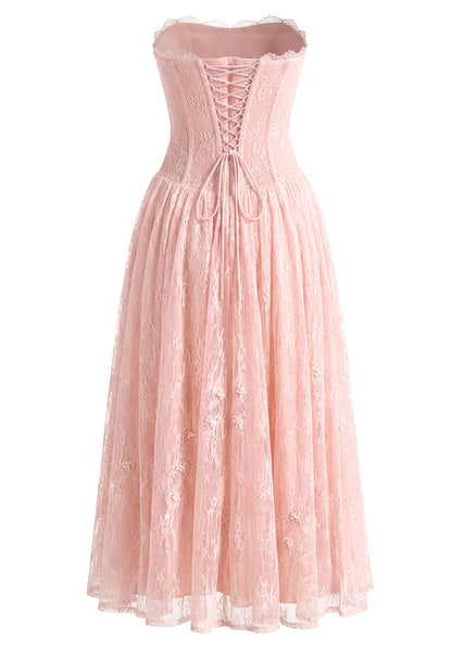 Elegant Strapless Sweetheart Neck Open Back Lace Up Corset Lace A Line Midi Prom Dress