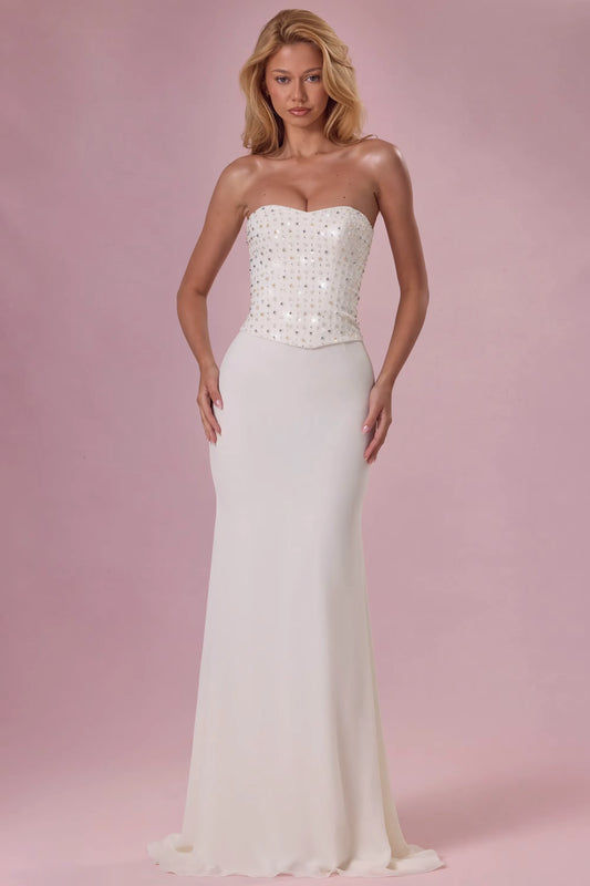Elegant Strapless Sweetheart Neck Open Back Lace Up Detail Beaded Sequin Mermaid Maxi Evening Dress For Formal Evening Prom Wedding Guest Bridesmaid Cocktail Party Gala