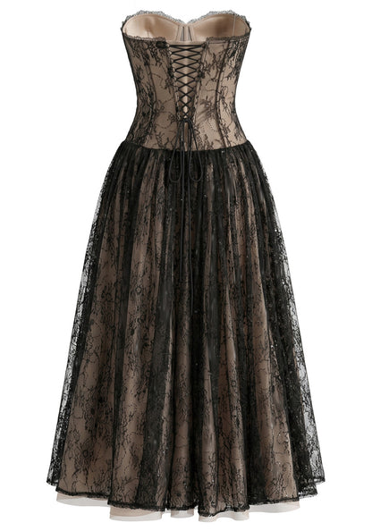 Elegant Strapless Sweetheart Neck Open Back Lace Up Detail Black Lace 3D Floral Applique A Line Maxi Prom Dress