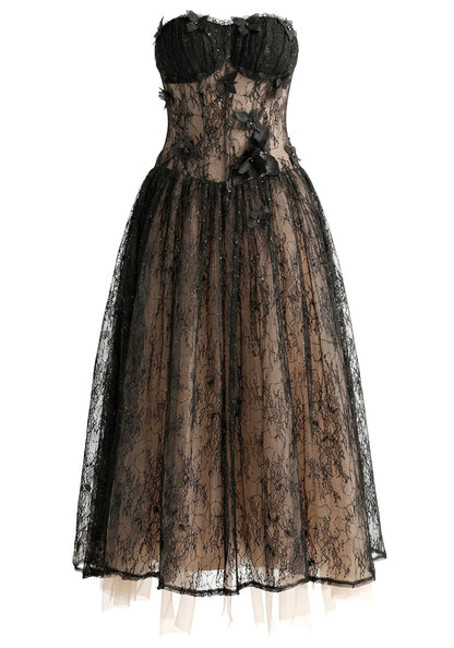 Elegant Strapless Sweetheart Neck Open Back Lace Up Detail Black Lace 3D Floral Applique A Line Maxi Prom Dress