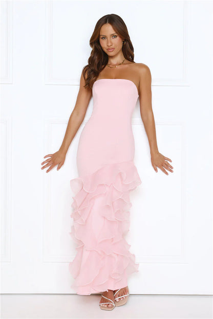 Elegant Strapless Sweetheart Neck Open Back Ruffle Detail Mermaid Maxi Evening Dress For Formal Evening Prom Wedding Guest Bridesmaid Cocktail Party Gala