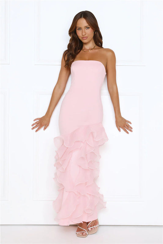 Elegant Strapless Sweetheart Neck Open Back Ruffle Detail Mermaid Maxi Evening Dress For Formal Evening Prom Wedding Guest Bridesmaid Cocktail Party Gala