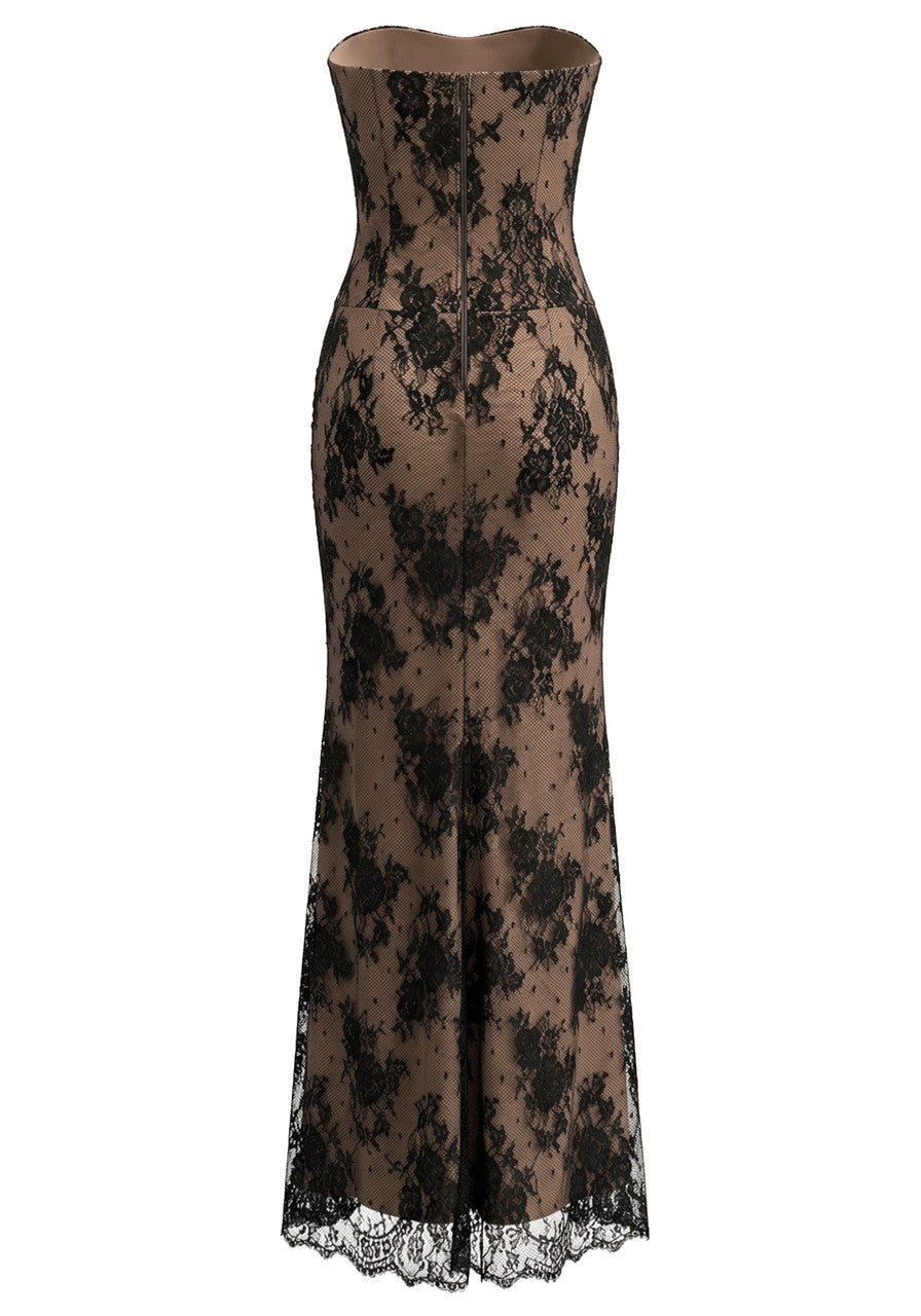 Elegant Strapless Sweetheart Neck Open Back Velvet Bustier Black Lace Floral Applique High Slit Bodycon Maxi Prom Dress