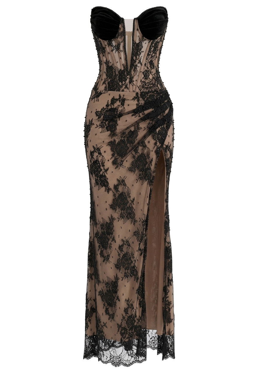 Elegant Strapless Sweetheart Neck Open Back Velvet Bustier Black Lace Floral Applique High Slit Bodycon Maxi Prom Dress