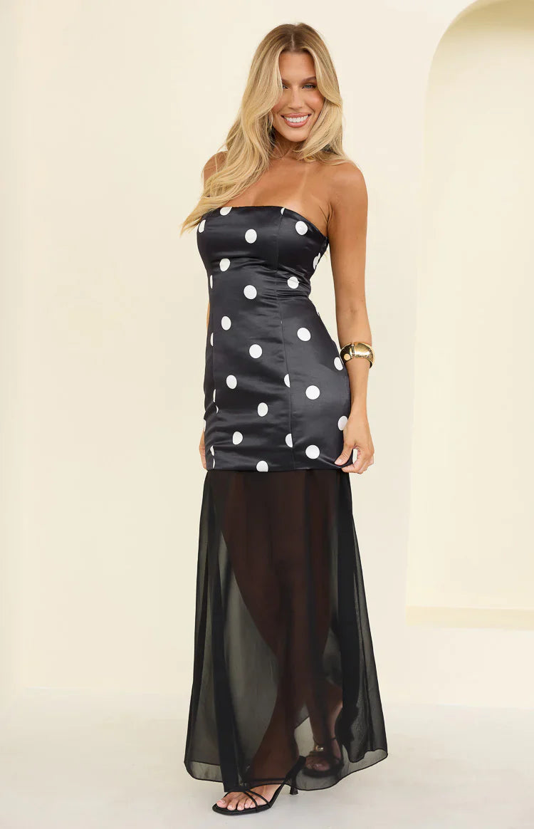 Elegant Strapless Sweetheart Neck Polka Dot Print Satin Mesh Maxi Prom Dress