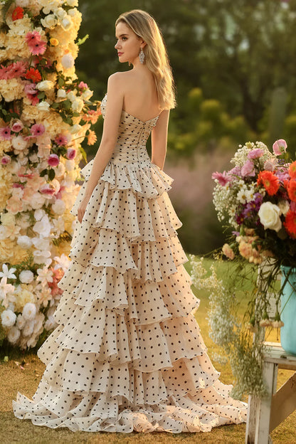 Elegant Strapless Sweetheart Neck Polka Dot Tiered Ruffle High Slit Prom Dress