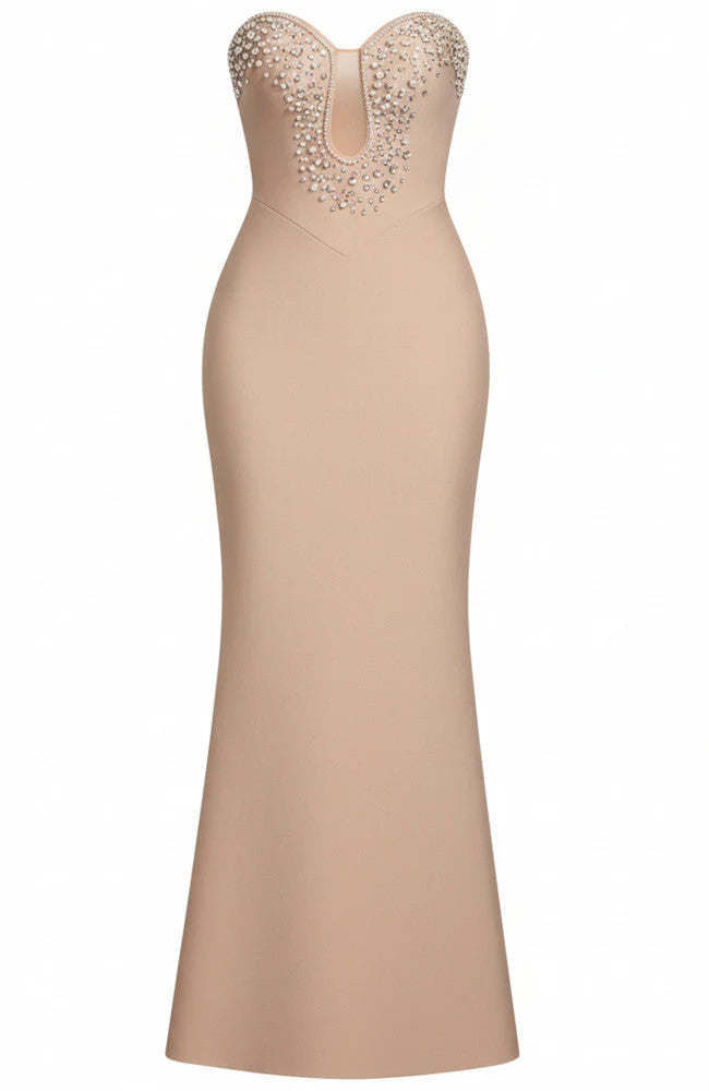Elegant Strapless Sweetheart Neck Rhinestone Mesh Insert Bodycon Maxi Prom Dress For Formal Evening Wedding Guest