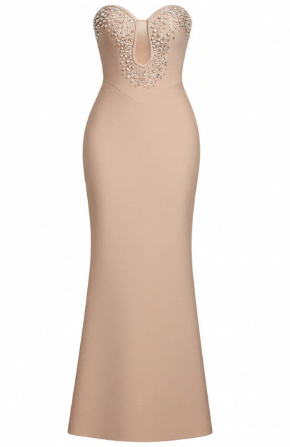 Elegant Strapless Sweetheart Neck Rhinestone Mesh Insert Bodycon Maxi Prom Dress For Formal Evening Wedding Guest