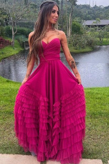 Elegant Strapless Sweetheart Neck Tiered Ruffle Tulle A Line Ball Gown Maxi Evening Dress For Formal Evening Prom Wedding Guest Bridesmaid Cocktail Party Gala