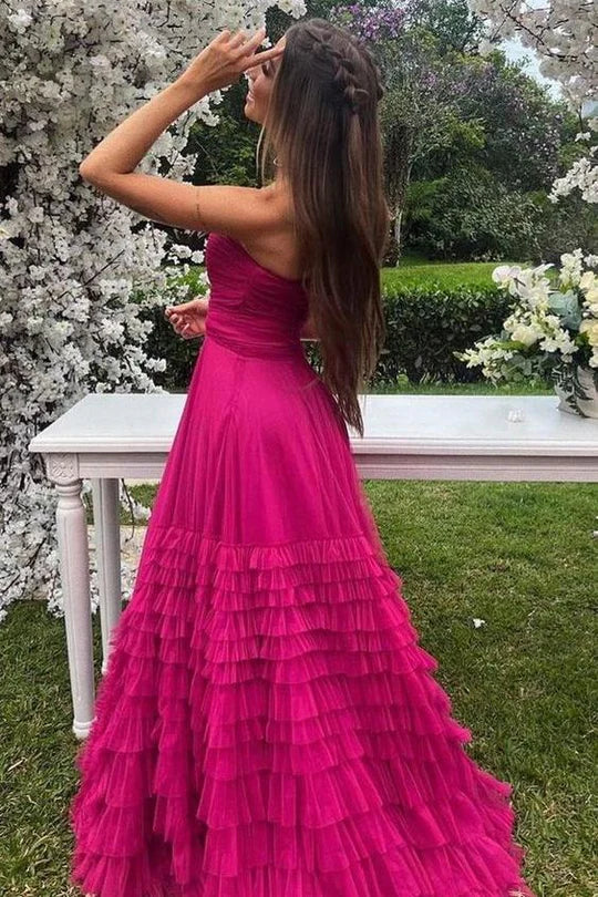 Elegant Strapless Sweetheart Neck Tiered Ruffle Tulle A Line Ball Gown Maxi Evening Dress For Formal Evening Prom Wedding Guest Bridesmaid Cocktail Party Gala