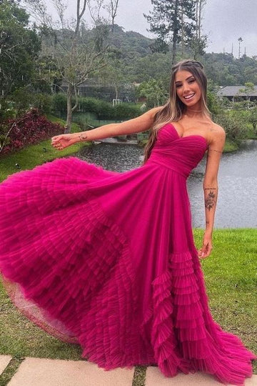 Elegant Strapless Sweetheart Neck Tiered Ruffle Tulle A Line Ball Gown Maxi Evening Dress For Formal Evening Prom Wedding Guest Bridesmaid Cocktail Party Gala