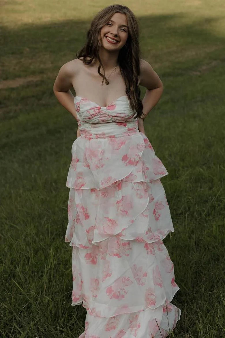 Elegant Strapless Sweetheart Neck Watercolor Floral Print Tiered Ruffle A Line Maxi Evening Dress For Formal Evening Prom Wedding Guest Bridesmaid Cocktail Party Gala