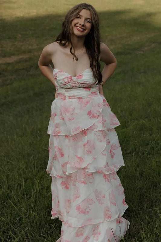 Elegant Strapless Sweetheart Neck Watercolor Floral Print Tiered Ruffle A Line Maxi Evening Dress For Formal Evening Prom Wedding Guest Bridesmaid Cocktail Party Gala