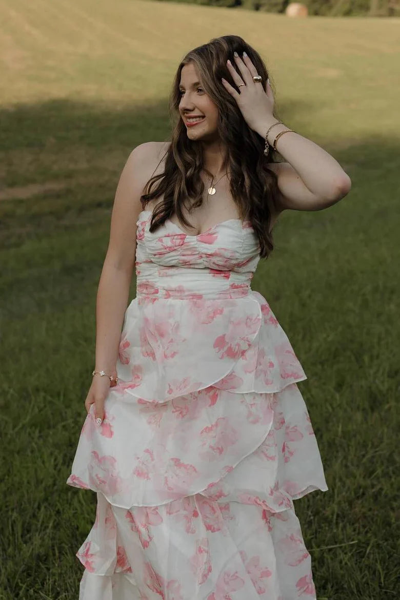 Elegant Strapless Sweetheart Neck Watercolor Floral Print Tiered Ruffle A Line Maxi Evening Dress For Formal Evening Prom Wedding Guest Bridesmaid Cocktail Party Gala