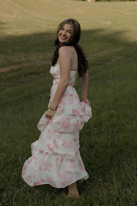 Elegant Strapless Sweetheart Neck Watercolor Floral Print Tiered Ruffle A Line Maxi Evening Dress For Formal Evening Prom Wedding Guest Bridesmaid Cocktail Party Gala
