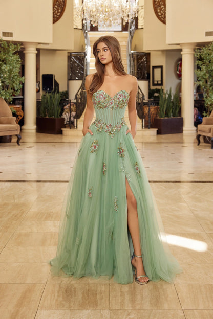 Elegant Strapless Sweetheart Neckline 3D Floral Applique Beaded Corset High Slit Tulle A Line Ball Gown Prom Dress For Formal Evening Gala Wedding Guest Bridesmaid