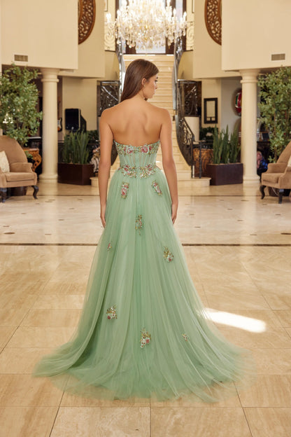 Elegant Strapless Sweetheart Neckline 3D Floral Applique Beaded Corset High Slit Tulle A Line Ball Gown Prom Dress For Formal Evening Gala Wedding Guest Bridesmaid