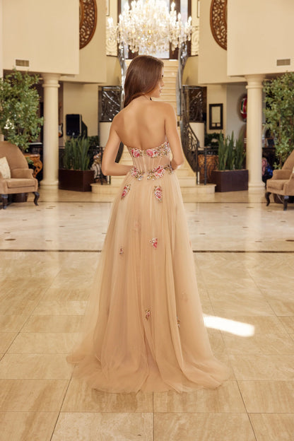 Elegant Strapless Sweetheart Neckline 3D Floral Applique Beaded Corset High Slit Tulle A Line Ball Gown Prom Dress For Formal Evening Gala Wedding Guest Bridesmaid