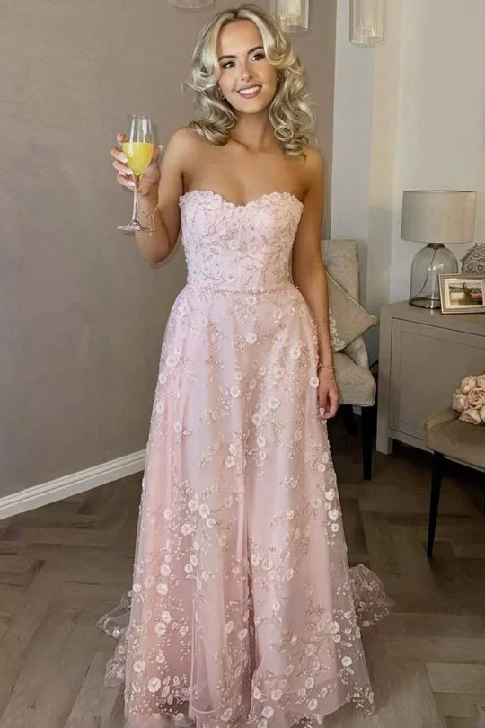 Elegant Strapless Sweetheart Neckline 3D Floral Lace Appliqué Open Back Lace Up A Line Tulle Evening Dress For Prom Wedding Guest Bridesmaid Gala