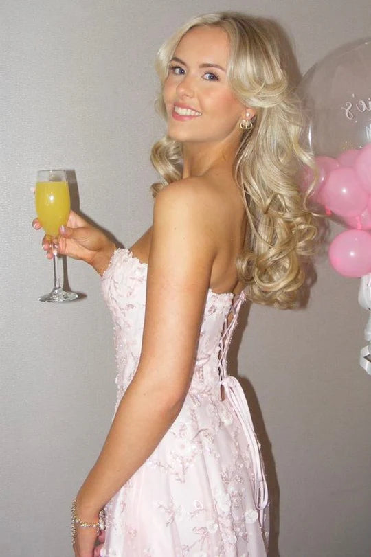 Elegant Strapless Sweetheart Neckline 3D Floral Lace Appliqué Open Back Lace Up A Line Tulle Evening Dress For Prom Wedding Guest Bridesmaid Gala