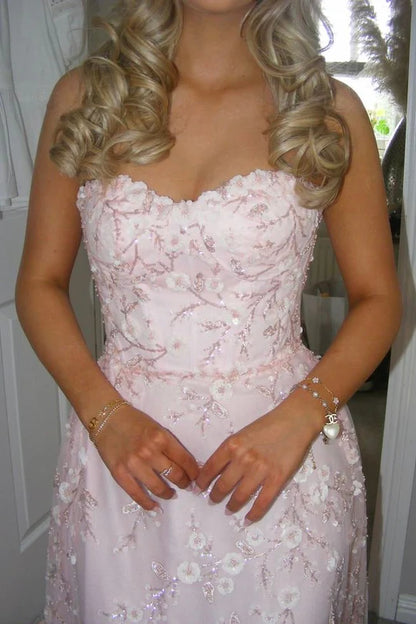 Elegant Strapless Sweetheart Neckline 3D Floral Lace Appliqué Open Back Lace Up A Line Tulle Evening Dress For Prom Wedding Guest Bridesmaid Gala