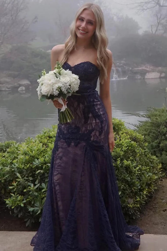 Elegant Strapless Sweetheart Neckline 3D Floral Lace Appliqué Sequin Embellished Mermaid Maxi Evening Dress For Formal Evening Prom Wedding Guest Bridesmaid Gala