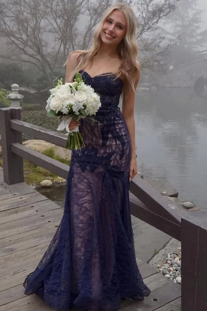 Elegant Strapless Sweetheart Neckline 3D Floral Lace Appliqué Sequin Embellished Mermaid Maxi Evening Dress For Formal Evening Prom Wedding Guest Bridesmaid Gala