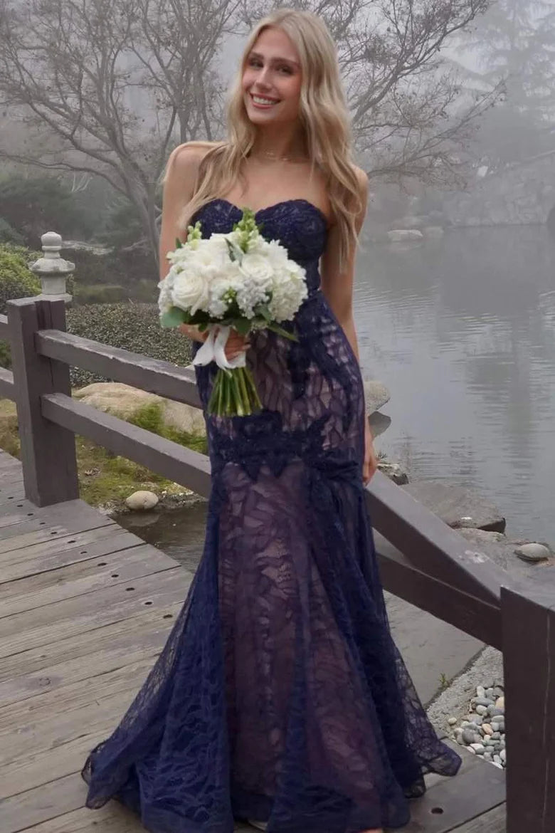 Elegant Strapless Sweetheart Neckline 3D Floral Lace Appliqué Sequin Embellished Mermaid Maxi Evening Dress For Formal Evening Prom Wedding Guest Bridesmaid Gala