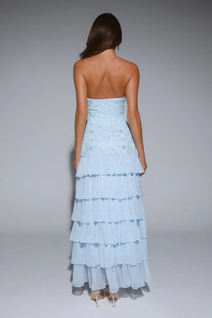Elegant Strapless Sweetheart Neckline 3D Floral Sequin Embellished Tiered Ruffle Chiffon Mermaid Evening Dress For Formal Evening Prom Wedding Guest Bridesmaid Gala