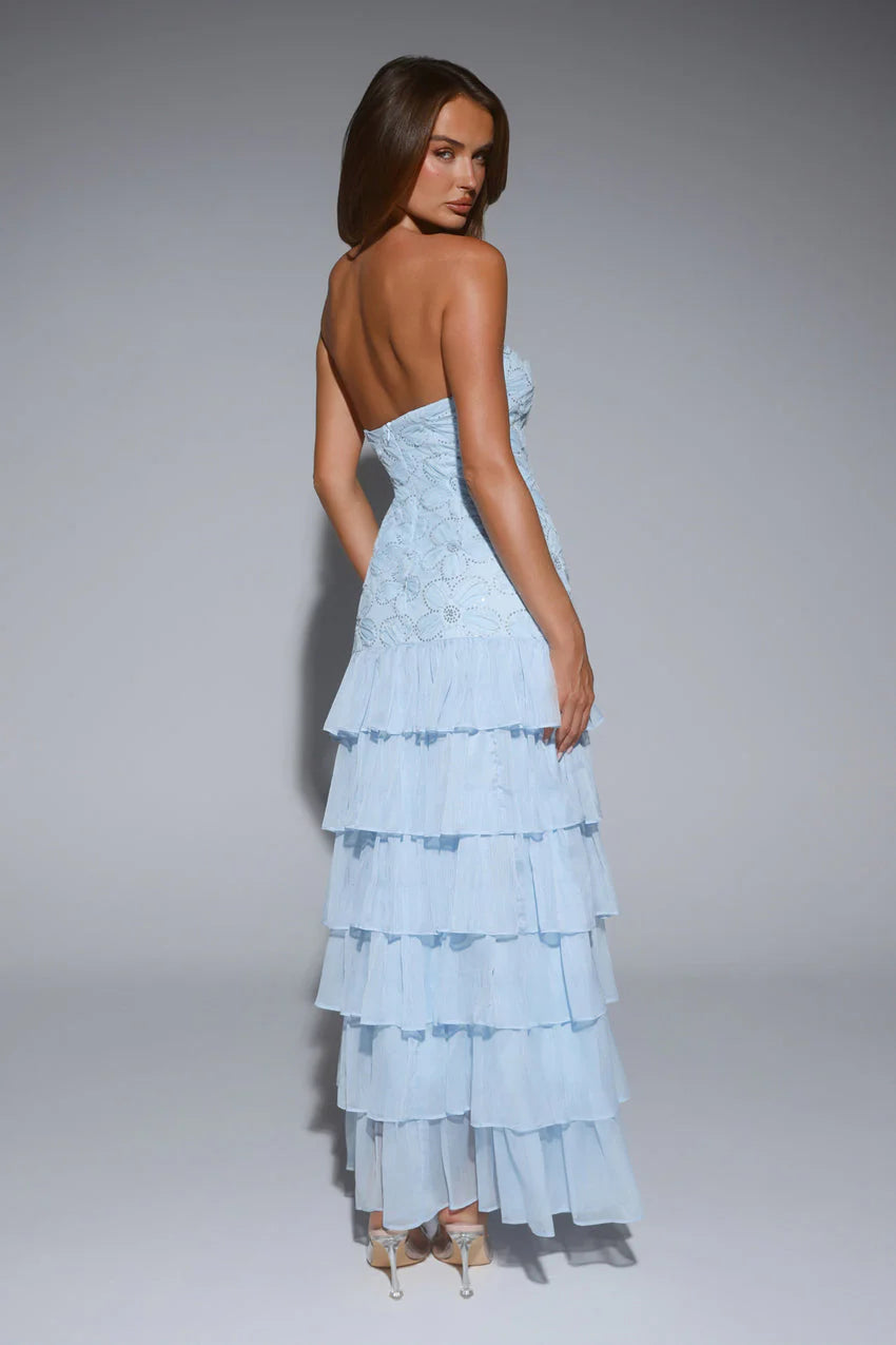 Elegant Strapless Sweetheart Neckline 3D Floral Sequin Embellished Tiered Ruffle Chiffon Mermaid Evening Dress For Formal Evening Prom Wedding Guest Bridesmaid Gala