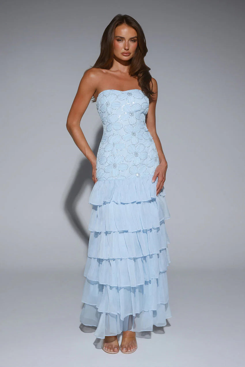 Elegant Strapless Sweetheart Neckline 3D Floral Sequin Embellished Tiered Ruffle Chiffon Mermaid Evening Dress For Formal Evening Prom Wedding Guest Bridesmaid Gala